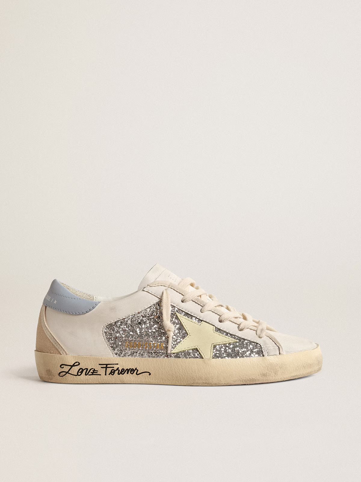 Super-Star Bio-based con glitter argento e stella in pelle gialla