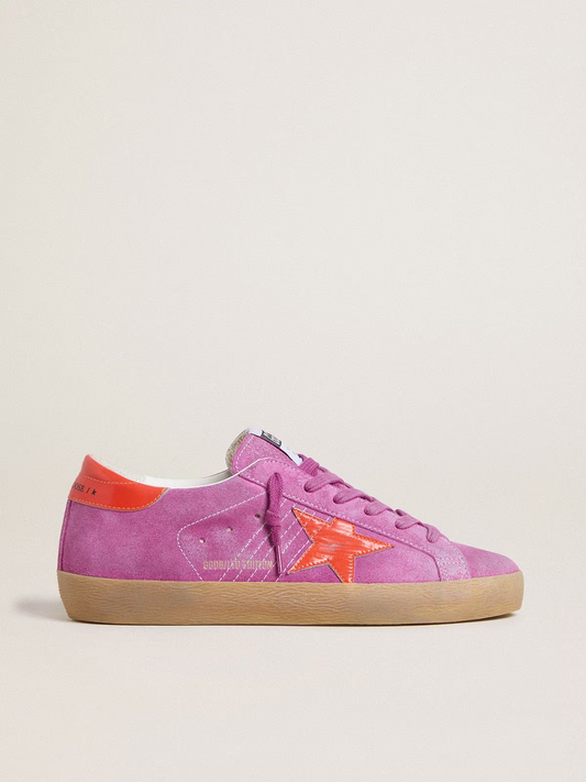Super-Star Donna in suede fucsia con stella e talloncino in pelle laminata arancio fluo